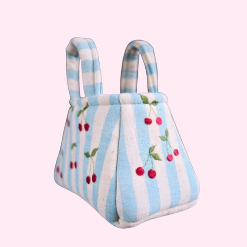 The Hand Embroidered Cherry Tote Bag Blue