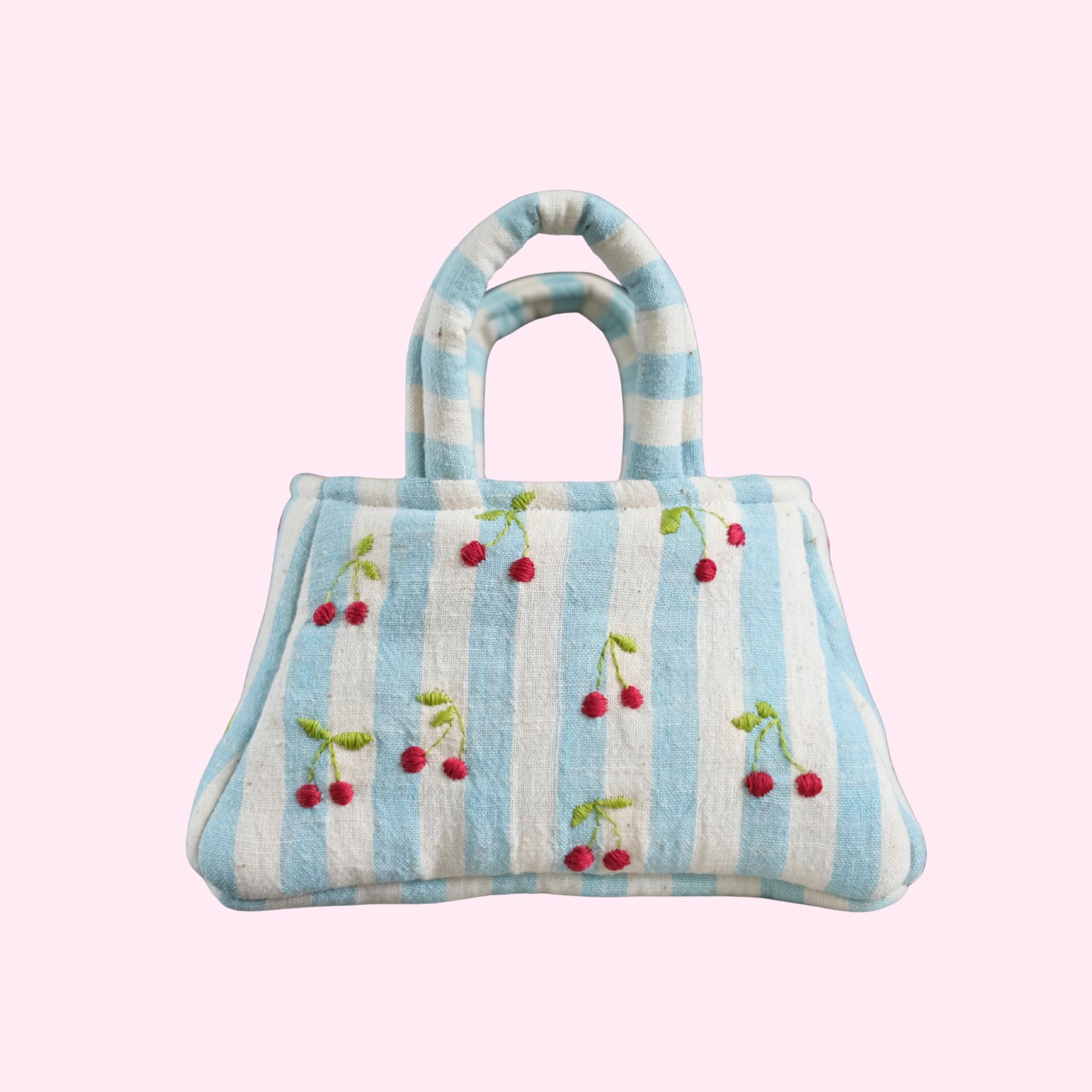 The Hand Embroidered Cherry Tote Bag Blue